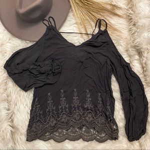 Charcoal gray open shoulder, long sleeve top